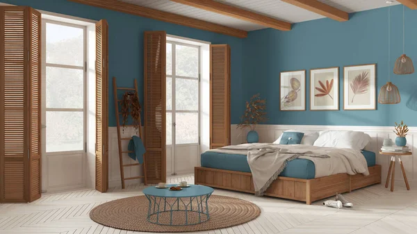 Wooden Country Bedroom White Blue Tones Mater Bed Blanket Windows — Fotografia de Stock