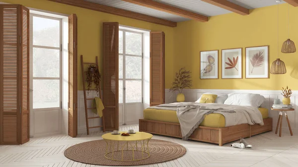 Wooden Country Bedroom White Yellow Tones Mater Bed Blanket Windows — Fotografia de Stock