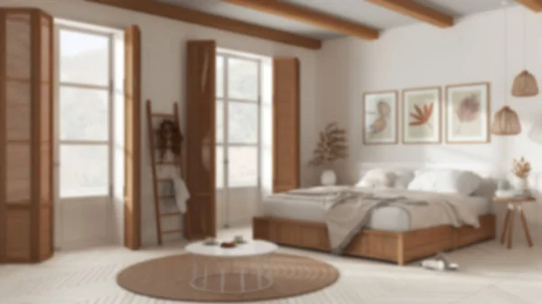 Blurred Background Country Bedroom Mater Bed Blanket Windows Shutters Parquet — Foto de Stock