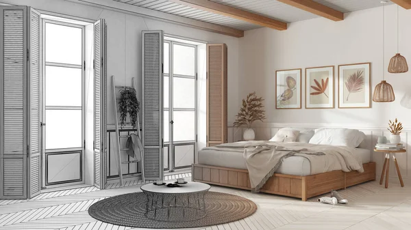 Architect interior designer concept: hand-drawn draft unfinished project that becomes real, country bedroom . Mater bed, windows with shutters and parquet