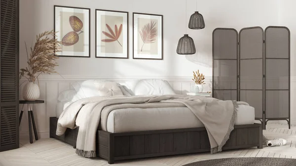 Wooden Scandinavian Bedroom White Dark Tones Double Bed Blankets Wall — Fotografia de Stock