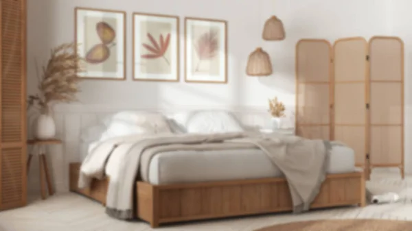 Blurred Background Wooden Scandinavian Bedroom Double Bed Blankets Wall Panel — Stockfoto