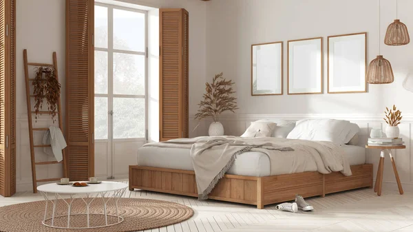 Farmhouse Modern Country Bedroom White Tones Double Bed Blankets Windows — Foto de Stock