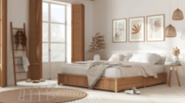 Blurred Background Farmhouse Modern Country Bedroom Double Bed Blankets Windows — Zdjęcie stockowe