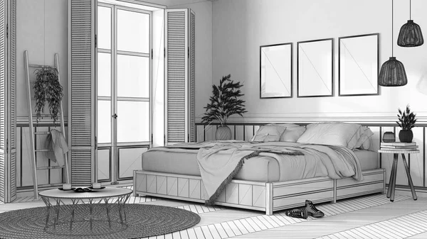 Blueprint Unfinished Project Draft Farmhouse Modern Country Bedroom Double Bed — Stock fotografie