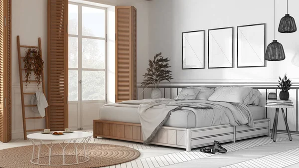 인테리어 디자이너 농가의 현대적 침실이 손으로 미완성 프로젝트 셔터와 응접실 — 스톡 사진