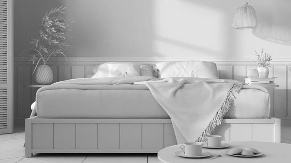 Total White Project Draft Wooden Minimalist Bedroom Mater Bed Blanket — 图库照片