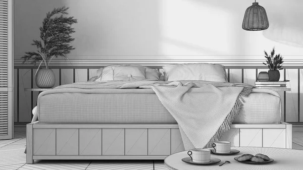 Blueprint Unfinished Project Draft Minimalist Bedroom Mater Bed Blanket Close — Stockfoto