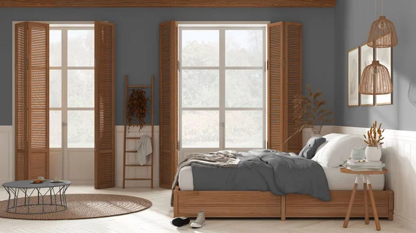 Wooden Modern Farmhouse Bedroom White Gray Tones Double Bed Blankets — ストック写真