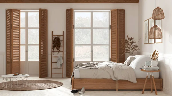 Wooden Modern Farmhouse Bedroom White Tones Double Bed Blankets Windows — Zdjęcie stockowe