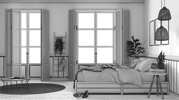 Blueprint Unfinished Project Draft Wooden Modern Farmhouse Bedroom Double Bed — Stockfoto