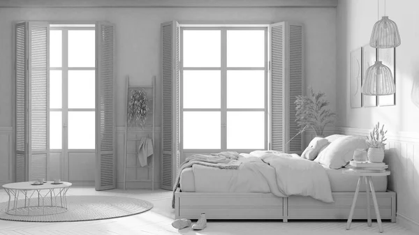 Σύνολο Λευκό Σχέδιο Έργου Ξύλινη Μοντέρνα Αγροικία Υπνοδωμάτιο Διπλό Κρεβάτι — Φωτογραφία Αρχείου