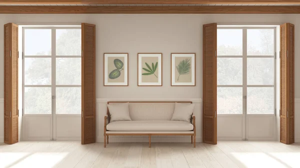 Living room background, sitting waiting room in white tones. Two panoramic windows with wooden shutters and beam ceiling, vintage sofa. Parquet, interior design