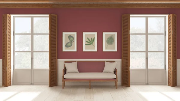 Living room background, sitting waiting room in white and red tones. Two panoramic windows with wooden shutters and beam ceiling, vintage sofa. Parquet, interior design