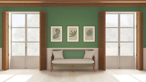 Living room background, sitting waiting room in white and green tones. Two panoramic windows with wooden shutters and beam ceiling, vintage sofa. Parquet, interior design