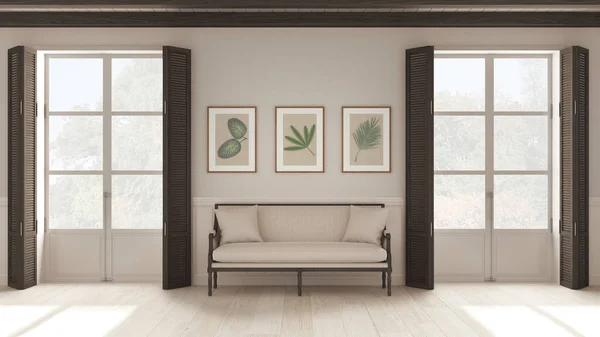 Living room background, sitting waiting room in white and dark tones. Two panoramic windows with wooden shutters and beam ceiling, vintage sofa. Parquet, interior design