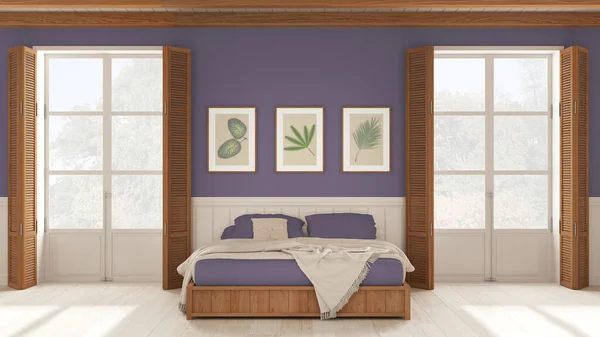 Romantic Bedroom Background Double Bed Blankets White Purple Tones Two — 스톡 사진