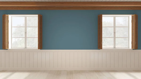 Interior design background, empty room in white and blue tones with parquet floor and wooden ceiling. Two windows with shutters opening on garden panorama, Wall panel with moldings