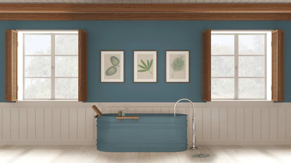 Romantic Bathroom Background Freestanding Bathtub White Blue Tones Two Panoramic — Stock fotografie