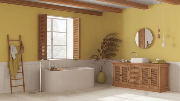 Vintage Bathroom White Yellow Tones Rattan Wooden Washbasin Bathtub Chest — Foto de Stock