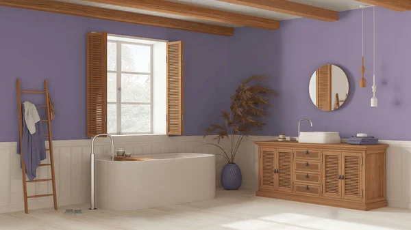 Vintage Bathroom White Purple Tones Rattan Wooden Washbasin Bathtub Chest — Foto de Stock