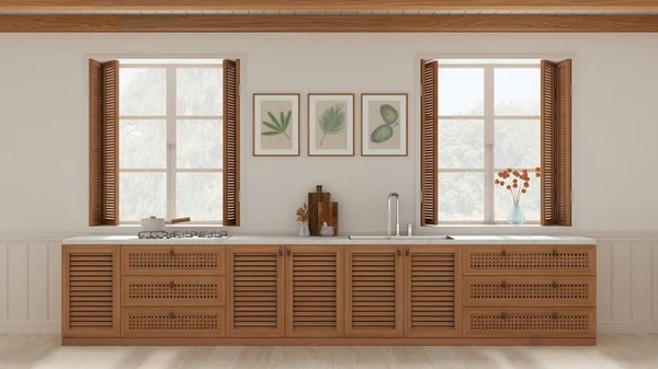 Provencal Kitchen Background Wooden Rattan Cabinets White Tones Sink Gas — Foto de Stock