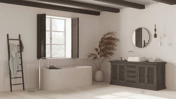 Vintage bathroom in white and dark tones, rattan wooden washbasin, bathtub, chest of drawers, mirror, towel rack and decors. Parquet, window with shutters. Modern interior design