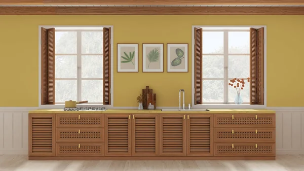Provencal Kitchen Background Wooden Rattan Cabinets White Yellow Tones Sink — Stok fotoğraf