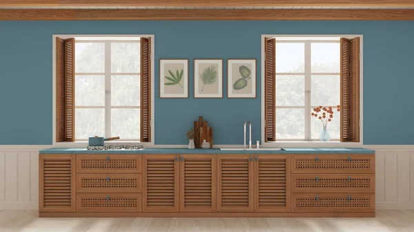 Provencal kitchen background with wooden and rattan cabinets in white and blue tones. Sink, and gas hob. Windows with shutters and beam ceiling. Parquet, interior design