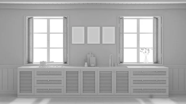 Общий Белый Проект Провинциальный Кухонный Фон Деревянными Ротанговыми Шкафами Раковина — стоковое фото