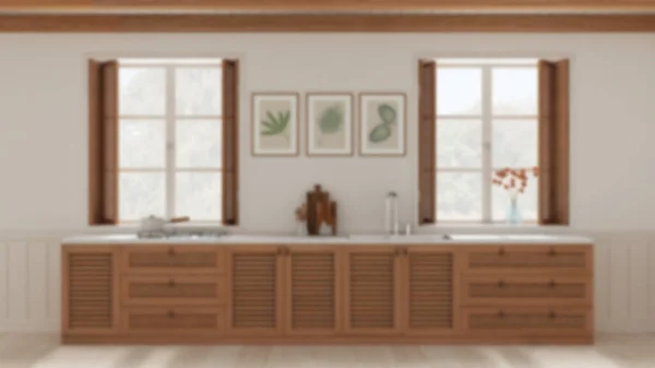 Blurred Background Provencal Kitchen Background Wooden Rattan Cabinets Sink Gas — Stockfoto