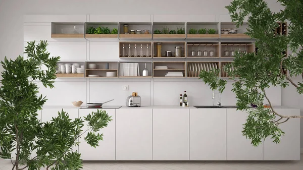 Green summer or spring leaves, tree branch over interior design scene. Natural ecology concept idea. Modern white kitchen with cabinets and shelves. Minimalist interior design