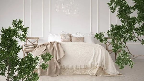 Green summer or spring leaves, tree branch over interior design scene. Natural ecology concept idea. Classic bedroom with double bed with blankets. Vintage interior design