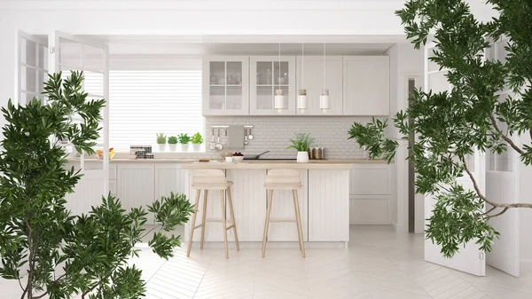 Green summer or spring leaves, tree branch over interior design scene. Natural ecology concept idea. White scandinavian kitchen with white and wooden details. Interior design