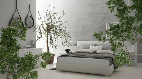 Green summer or spring leaves, tree branch over interior design scene. Natural ecology concept idea. Contemporary bedroom with concrete walls and decors. Interior design