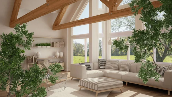 Green summer or spring leaves, tree branch over interior design scene. Natural ecology concept idea. Country living room with wooden beams ceiling. Farmhouse interior design