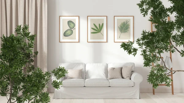 Green summer or spring leaves, tree branch over interior design scene. Natural ecology concept idea. Modern romantic white living room with sofa. White interior design