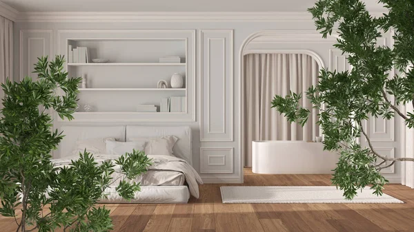 Green summer or spring leaves, tree branch over interior design scene. Natural ecology concept idea. Classic bedroom and bathroom with bed and bathtub. Interior design