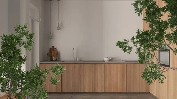 Green summer or spring leaves, tree branch over interior design scene. Natural ecology concept idea. Minimalist wooden kitchen. Interior design