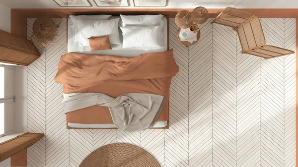Wooden Country Bedroom White Orange Tones Mater Bed Blankets Windows — Fotografia de Stock