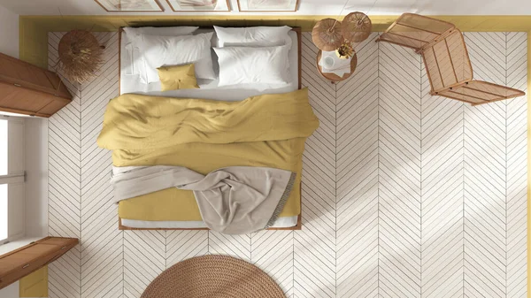 Wooden Country Bedroom White Yellow Tones Mater Bed Blankets Windows — Fotografia de Stock