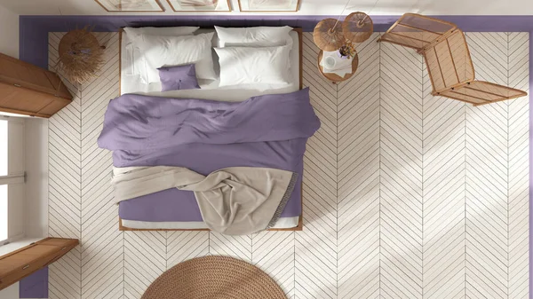 Wooden country bedroom in white and purple tones. Mater bed with blankets. Windows with shutters and parquet floor, top view, plan, above. Interior design