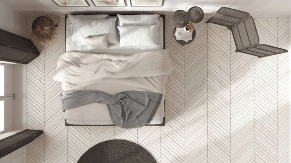 Wooden Country Bedroom White Dark Tones Mater Bed Blankets Windows — Fotografia de Stock