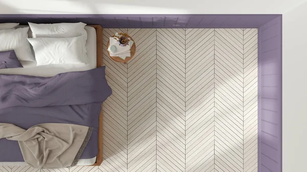 Романтичная Спальня Белых Фиолетовых Тонах Матерная Кровать Одеялами Тумбочкой Паркетный — стоковое фото