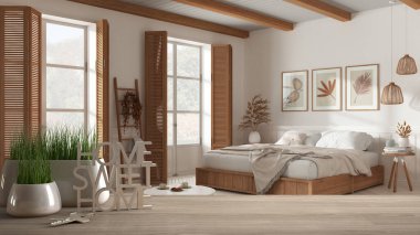 Ahşap masa, masa ya da rafta saksı bitkisi, ev anahtarları ve üç boyutlu mektuplar güzel ev, ahşap yatak odası, mimari iç tasarım, kopya alanı arka planı