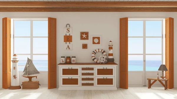 Marine style, living room with wooden and rattan chest of drawers in white and orange tones. Panoramic windows with sea landscape. Parquet floor. Nautical interior design