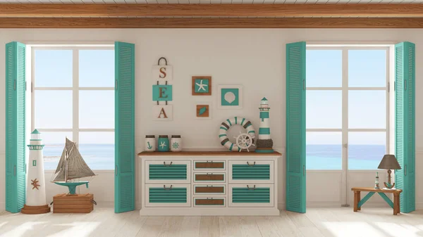 Marine style, living room with wooden and rattan chest of drawers in white and turquoise tones. Panoramic windows with sea landscape. Parquet floor. Nautical interior design