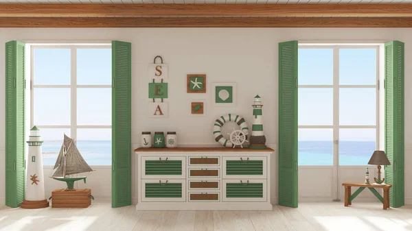 Marine style, living room with wooden and rattan chest of drawers in white and green tones. Panoramic windows with sea landscape. Parquet floor. Nautical interior design