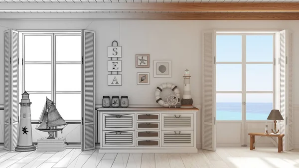 Architect interior designer concept: hand-drawn draft unfinished project that becomes real, marine style, living room with chest of drawers. Panoramic windows with sea landscape