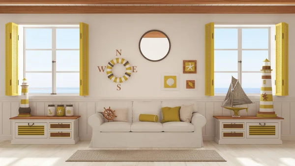 Marine style, living room with sofa and carpet in white and yellow tones. Panoramic windows with sea landscape. Parquet and beam ceiling. Nautical interior design